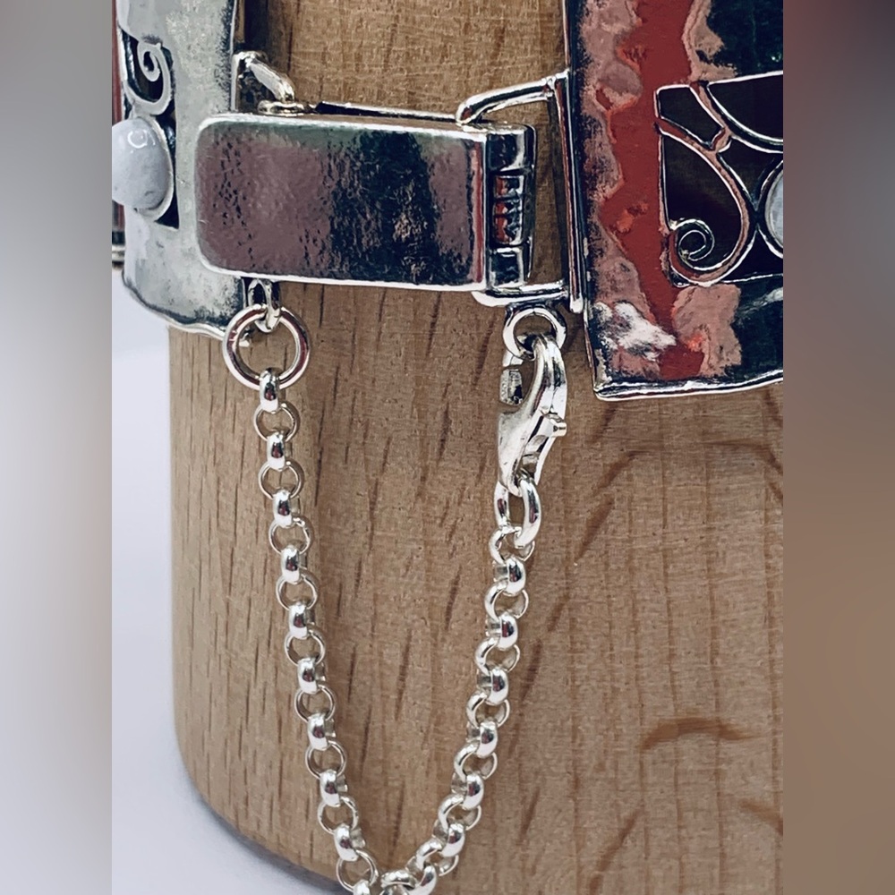 Vintage Sterling Silver Didae Panel Bracelet w/Moonstone Accents & Safety Chain - Picture 7 of 16